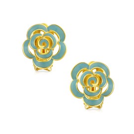 Fashion Enamel 3D Blue Rose Flower Clip On Earrings Button Style Non-Pierced Ears 14K Gold Plated Simulated Turquoise