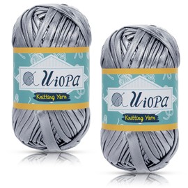 Uiopa Metallic T-Shirt Yarn, 2 x 100 g (2 x 45 m) Ribbon Yarn Polyester Crochet Yarn, Thick Yarn Crochet Yarn for Crochet Bags, Baskets, Carpets, Home Decoration, DIY Project (Dark Grey)