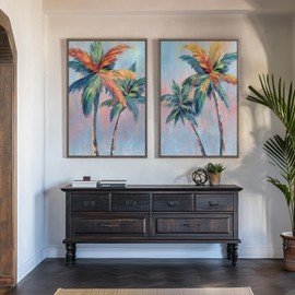 Framed Colorful Coastal Wall Art for Living Room Decor, Large Tropical Beach Palm Tree Canvas Artwork for Walls, 2 Piece Pop Paintings Prints for Hallway Bedroom Office Salon Wall Decor, 24x36 Inch