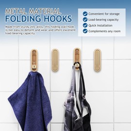 CBDYWVR 4PCS Foldable Wall Hook, Heavy Duty Walls Hooks Zinc Alloy, Foldable Gold Wall Hooks for Bathroom, Closet, Entryway, Pool and Kitchen (Gold)