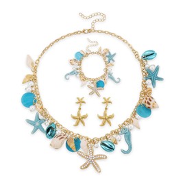 LKingel Bohemian Shell Starfish Jewelry Set for Women Starfish Necklace Bracelet Earrings Gold Chunky Starfish Conch Necklace Summer Ocean Beach Jewelry Set Prom Jewelry (Blue)