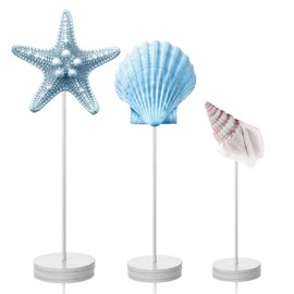 3 Pieces Summer Ocean wooden table sign standing wood Starfish Seashell Conch tabletop home decor Rustic Tabletop Centerpiece Beach Nautical themed Block Decoration for farmhouse Kitchen bedroom