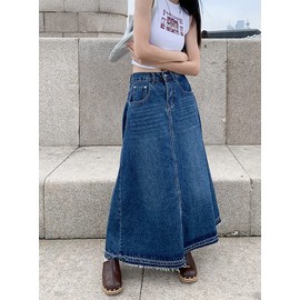 CHARTOU Women's Back Elastic High Waist A-Line Maxi Long Denim Jean Skirt (Medium, Blue)