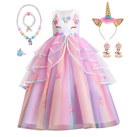 TOLOYE Dress Up for Girls, Princess Unicorn Costume Princess Girl Dress with Headband Necklace Set, Kids Fancy Costume for Party Birthday Halloween Pageant Carnival Cosplay 3-10 Years