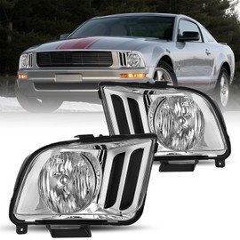 JSBOYAT Headlight Assembly Pair for 2005-2009 Ford Mustang OEM Halogen Headlamp Replacement (Chrome Housing with Clear Reflector)