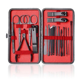 Professional Nail Clippers Kit 18 Pcs Stainless Steel Nail Manicure Clippers Set Men Women Nail Scissors Nail Grooming Kit with Protective Cover for Travel & Home(Black+Red)