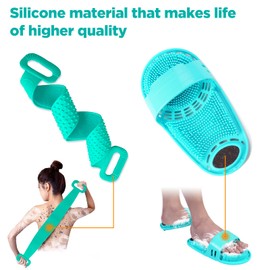 Silicone Shower Foot Scrubber Bath Brush Set,Silicone Shower Foot Scrubber Plus Shower Body Brush,Personal Shower Cleaning Kit for Women and Men,Green
