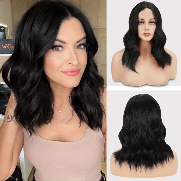 FESHFEN Lace Front Wavy Wig Women, 40 cm Black Wig Length of Shoulders Middle Parting Wigs Synthetic Short Bob Waves Wig Women's Daily Wear