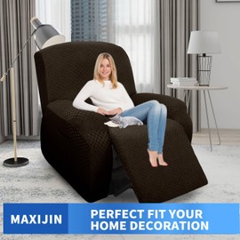 MAXIJIN Oversized Recliner Covers That Stay in Place 4 Pieces Stretch Large Recliner Chair Covers Jacquard Dogs Cats Proof Reclining Slipcovers with Elastic Bottom (XL Recliner, Dark Coffee)