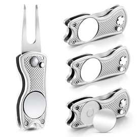 Skylety 4 Pieces Golf Divot Repair Tool with Magnetic Button Ball Marker Divot Tool Stainless Steel Foldable Switchblade Golf Green Divot Tool for Golfers Golf Prizes(Silver)
