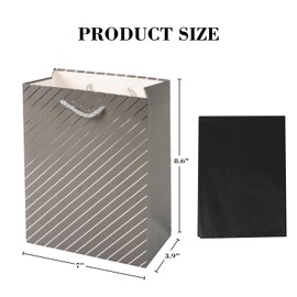 Linelglobal Small Gift Bag with Tissue Paper for Women Men Birthday Anniversary Party Favor 8.6" 4 Pack - Grey
