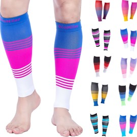 Doc Miller Manga de Compresión Para Pantorrillas (1 par) 20-30 mmHg Medias de Compresión Mangas Para Ejercicio, Recuperación, Dolor, Varices y Calambres en Piernas (Azul Rosa Blanco, 2X-Grande)