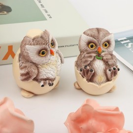 Resin Owl Figurines - 2-Piece Set with Eggshell Design, Hand-Painted Details, Miniature Bird Statue Decor for Bookshelves, Desks & Mantels for Home & Office Lovers