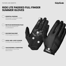 GripGrab RIDE Lite Padded Full Finger Summer Mountain Bike Gloves Long Cushioned MTB Gravel Biking Off-Road Cycling Glove