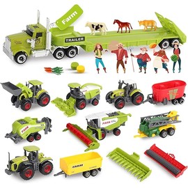 Oriate Kids Farm Toys Realistic Tractor Vehicle Playset, Diecast Car Set Educational Mini Farm Animals with Flatbed Trailer, Birthday Gift for Children 3 Year Old