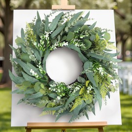24" Eucalyptus Wreath for Front Door, Artificial Green Spring/Summer Wreaths with Willow Leaves, Fern Leaves and Berries for All Seasons, Farmhouse Wreath for Window, Fence, Porch, Wedding Decor