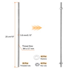 sourcing map 20pcs 8/32 Inch M4 Threaded Rods with 40pcs Hex Nuts and Washers 10 Inch 201 Stainless Steel Full Threads Right-Hand Thread for Hangers, U-Bolts, Beaded Garden Stake Rods, Silver