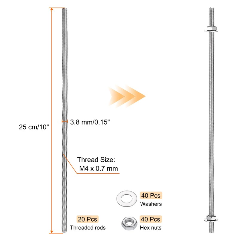 sourcing map 20pcs 8/32 Inch M4 Threaded Rods with 40pcs