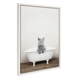 Kate and Laurel Sylvie Cat in Rustic Bath Framed Canvas Wall Art by Amy Peterson Art Studio, 18x24 White, Modern Fun Decorative Bathtub Wall Art for Home Décor