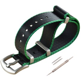 MZBUTIQ 22mm Black/Green Seat Belt Watch Strap One Piece Nylon Watch Band Replacement Brushed Buckle
