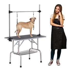 Fegherug Pet Dog Grooming Table, Stainless Steel Professional Pet Drying Table, Adjustable Height Shower Bathing Station Desk for Dogs Cats with Arm & Noose & Mesh Tray, Up to 330lbs, 42''/ Black