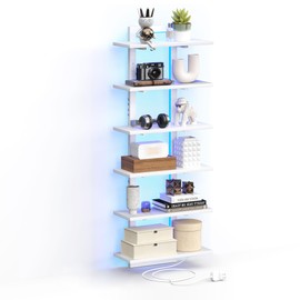 TRIFEBLE 6 Tier Wall Shelf Unit with LED Light, White Floating Shelf, Vertical Display Shelf, Wall Decor for Bedroom, Living Room, Vanity, 15" W x 5.9" D x 43.3" H