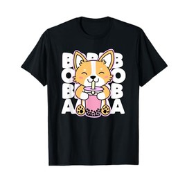 Kawaii Boba Cute Anime Dog Corgi Bubble Tea Drink Dark T-Shirt