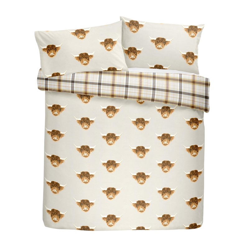 Fusion Highland Cow Reversible Duvet Cover Set, Ochre,1 pack, Single,Yellow