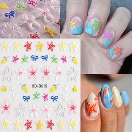 2Pcs Summer Nail Art Stickers 5D Embossed Self-Adhesive Nail Decals Starfish Bow Flower Sea Nail Design Stickers Summer Beach Theme Nails Art Supplies for Women Manicure Decorations