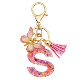 TTYY Initial Letter Keychain for Women Gift for Young Teenage Girl Gifts for Christmas to Mom Daughter Pink tassel (pink snow LetterS)