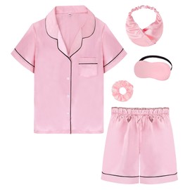 ALHAVONE Kids Girl Pajama Set with Headband Blindfold Hair Tie Toddler Boy Girl Satin Silky Button-up Pajama Sleepwear (Pink-short, 165)