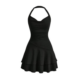 SweatyRocks Women's Mini Dress, A Line Dress, Halterneck Dresses with Ruffles, Sleeveless Multi-layer Dress, Casual Dress, black