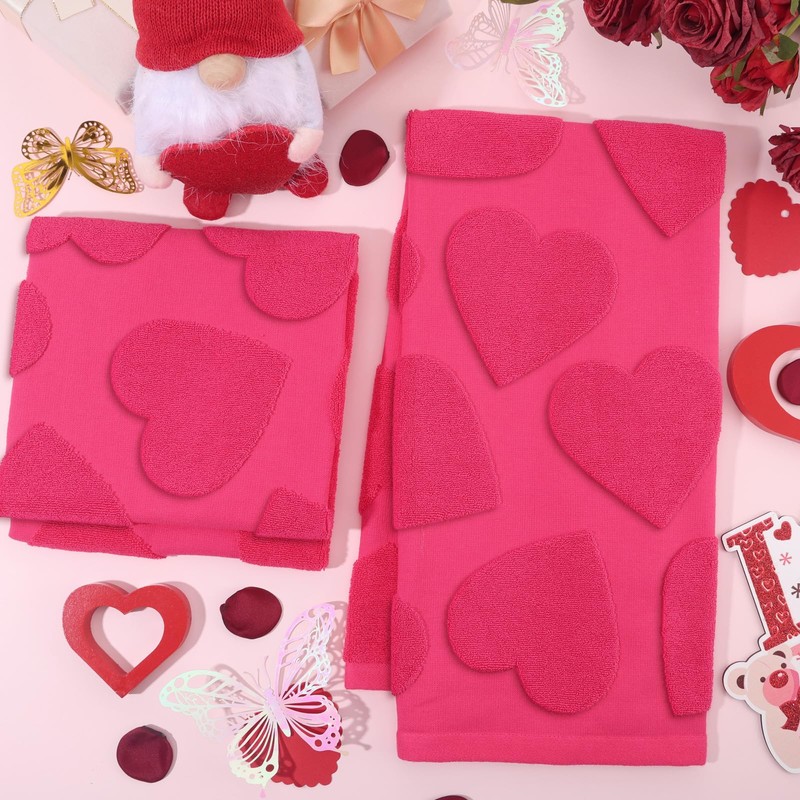 DERTE 2 Pcs Heart Valentine's Day Hand Towels Set Red