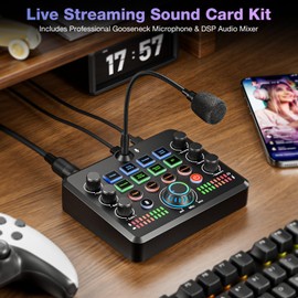 Facmogu F682 Live Sound Card Audio Mixer with Gooseneck Mic, Voice Changer