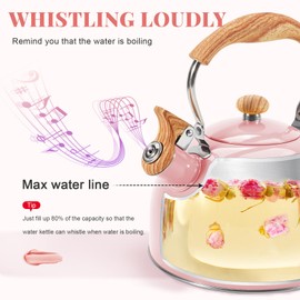 GGC Tea Kettle for Stove Top, 85OZ/2.6QT Whistling Tea Kettles for Boiling Water Milik or Coffee, Pink Stainless Steel Tea Pots with Wood Pattern Folding Handle, Thumb Design Control Kettle Outlet