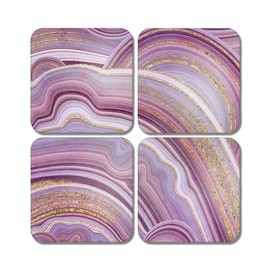 4 x Square Marble Effect Coasters - Art Pink Agate Gold Ink Jigsaw Gift #78321