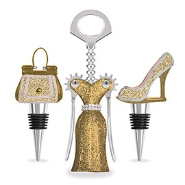 WILD EYE DESIGNS Fashion Wine Set - 3PCS. Winged Corkscrew, HIGH Heel & Purse Wine Stoppers. Silver Glitter