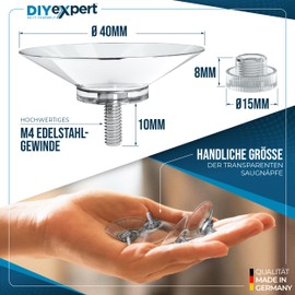 DIYexpert® 4x / 8x / 12x / 20x Suction Cup Ø 30mm / Ø 40mm / Ø 50mm with thread M4x6mm / M4x10mm, includes Transparent Knurled Nuts - Made in Germany