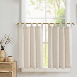 TOPICK Net Curtains Kitchen Beige Bistro Curtain with Loops Modern Curtains Short Semi-Transparent Linen Look Kitchen Curtains for Small Windows Motorhome Kitchen Windows Set of 2 70 W x 60 H cm
