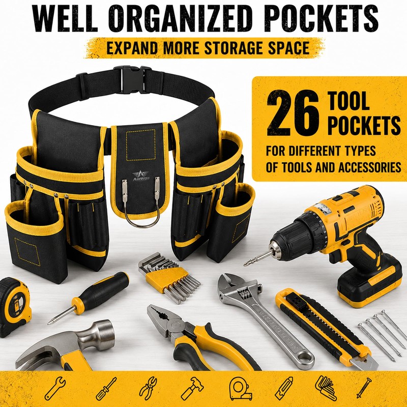 Tool Belt for Men, 26-Pocket Heavy Duty Tool Pouch with