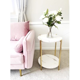 Gold End Table Faux Marble Side Table Small Round Nightstand for Living Room or Bedroom Modern Accent Table with Gold Metal Frame, Gold