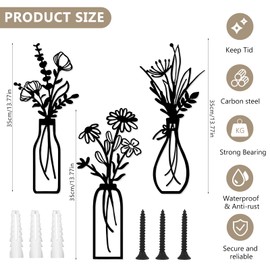 Viitech 3 Pcs Metal Flower Wall Decor, Black Minimalist Vase Metal Wall Art, Flower in Vase Wire Wall Hanging Decor for Home Bedroom Kitchen Living Room