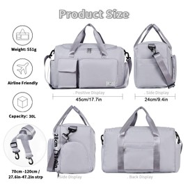 FIORETTO Womens Mens Sports Gym Bag Duffle Bag with Shoes Compartment, Weekend Travel Bag Overnight Bag for Women, Water Resistant Holdall Hospital Bag for Swimming Grey