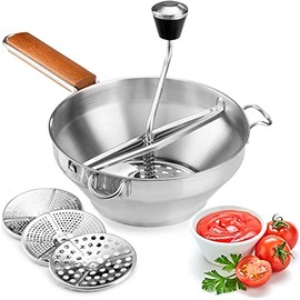 Food Mill Stainless Steel - 3 food grinder Discs - Wooden Handle Potato ricer for mashed potatoes - Grain mill hand crank for Mashing, Straining & Grating Fruits & Vegetables - Baby food mill - Bezrat
