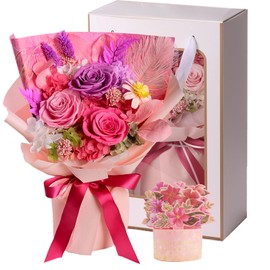 Preserved Flowers Bouquet Pink Natural Real Roses for Delivery Prime, Hand Made Bouquet with Pop Up Greeting Card, Gifts for Valentine’s Day, Mother’s Day, Anniversary, Birthday, Christmas