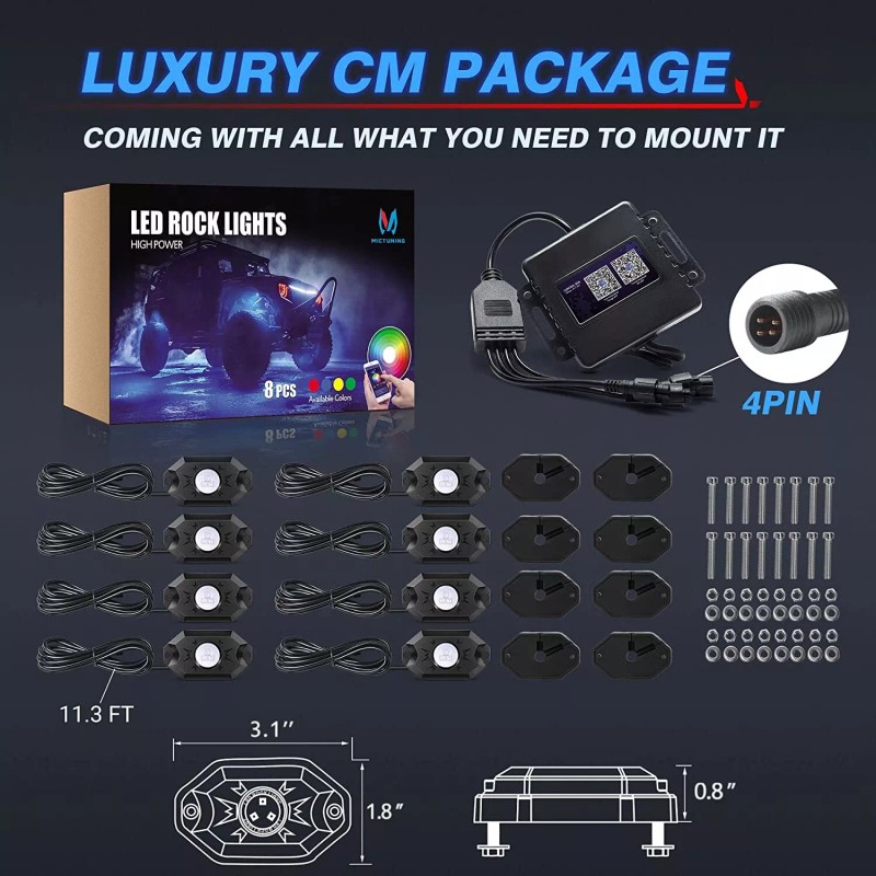 MICTUNING 8 Pods RGB LED Rock Lights, Bluetooth Underglow Car