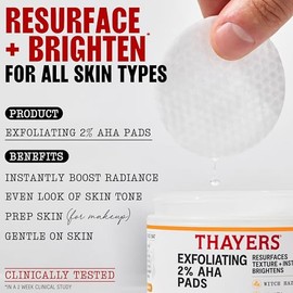 Thayers Exfoliating 2% AHA Toner Pads (60ct) - Dual-Sided Glycolic & Lactic Acid Facial Pads with Witch Hazel for Skin Resurfacing & Brightening