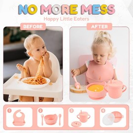 Joline Designs Silicone Baby Feeding Set - Perfect silicone plates for baby & Toddler Plates with lid, Baby Bowls with Suction, Baby Utensils - Baby Led Weaning Supplies & Eating Essentials - (Peach)