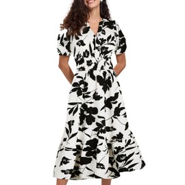 ALLOVIN Womens 2025 Floral Summer Midi Dress with Pockets - V-Neck A-Line Short Sleeve Smocked Waist, Ruffle Tiered Dress | Black & White Floral | Large