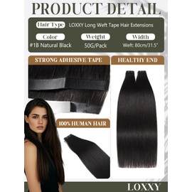 Loxxy Long Tape in Hair Extensions Human Hair - 20 Inch Wide Tape In Extensions Natural Black 50g - Silky Straight, Long Lasting and Reusable, One Piece Wide Weft 31.5" (80cm), DIY Easy Application